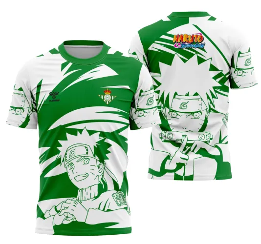 Camisa com arte de Naruto em traço verde. Na frente, rosto de Naruto com fundo verde e branco, escudo no peito. Nas costas, Naruto fazendo jutsu e logo colorido Naruto Shippuden no ombro.