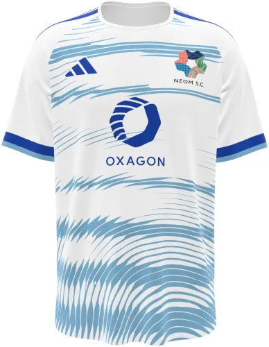 Camisa visitante do Neom SC 2026 - 2027 branca com camadas de linhas azuis, frente e costas