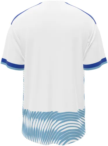 Camisa visitante do Neom SC 2026 - 2027 branca com camadas de linhas azuis, frente e costas
