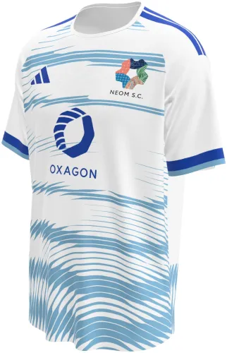 Camisa visitante do Neom SC 2026 - 2027 branca com camadas de linhas azuis, frente e costas