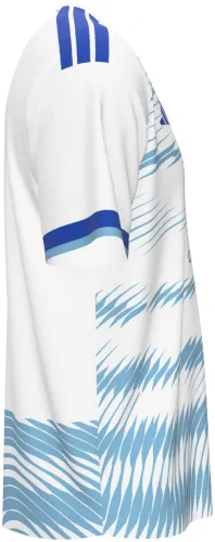 Camisa visitante do Neom SC 2026 - 2027 branca com camadas de linhas azuis, frente e costas