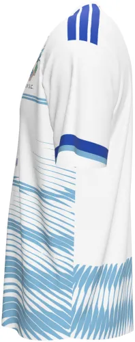 Camisa visitante do Neom SC 2026 - 2027 branca com camadas de linhas azuis, frente e costas
