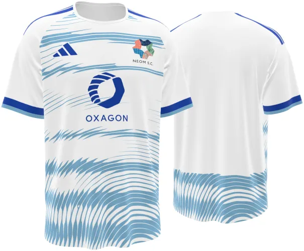 Camisa visitante do Neom SC 2026 - 2027 branca com camadas de linhas azuis, frente e costas