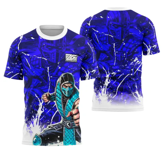 Camisa com arte de ninja em azul gelo na frente em pose de ataque com máscara preta e detalhes em branco, costas exibem silhueta do ninja em azul e preto com fundo degradê azul para branco.