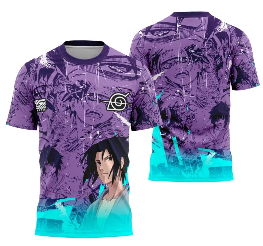 Camisa com fundo roxo e degradê azul ciano na base, ilustrações em preto e branco de ninja nas costas e frente. Frente apresenta personagem ninja de cabelo preto e símbolos brancos com detalhes em branco sobre o roxo.