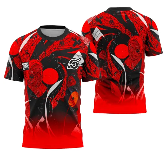 Camisa com arte frontal de máscara ninja vermelha e símbolos brancos do Naruto sobre fundo preto com degradê vermelho. Nas costas, a mesma máscara em detalhes vermelhos com textos 'JOGADOR' e 'INTER CLASSE' em branco.