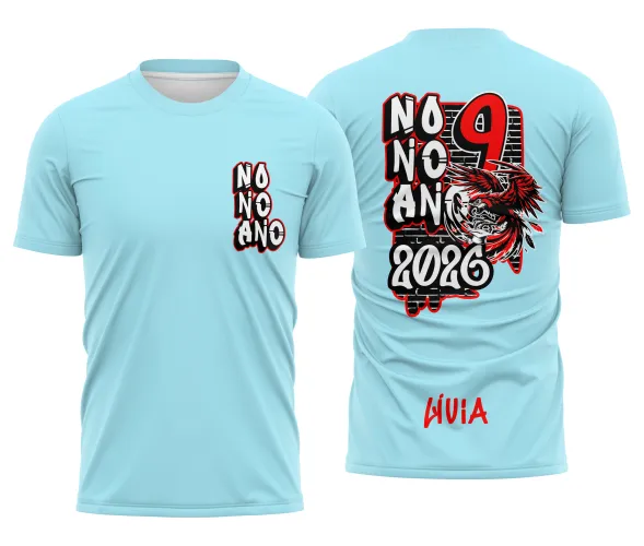 Camisa com logo no peito e estampa grande nas costas inspirada na arara vermelha, design vibrante e moderno, perfeito para representar o nono ano com estilo e personalidade marcante.