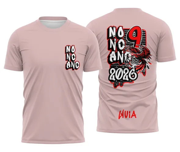 Camisa com logo no peito e estampa grande nas costas destacando a arara vermelha em cores vibrantes, ideal para comemoração do 9º ano escolar com design moderno e impactante.