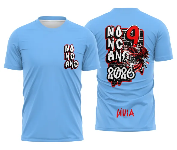 Camisa com logo no peito e estampa grande nas costas, estampando a arara vermelha em cores vibrantes, ideal para o Nono Ano com design moderno e impactante.