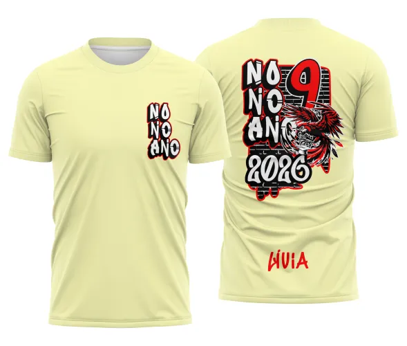 Camisa com logo no peito em destaque e estampa grande nas costas com uma arara vermelha vibrante, ideal para o Nono Ano com design moderno e cheio de cor.