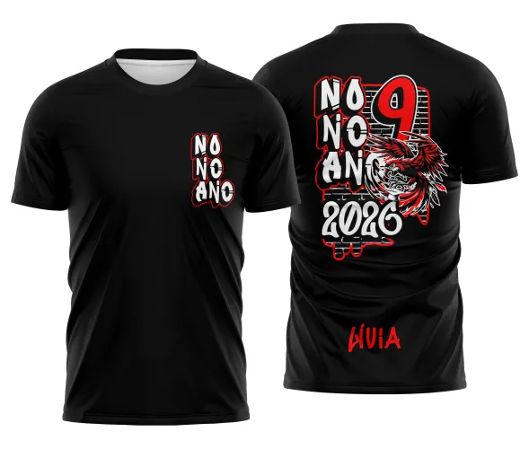 Imagem da camisa com logo no peito destacado e estampa grande nas costas que apresenta uma arara vermelha vibrante em design moderno e diferenciado, perfeita para o 9º ano