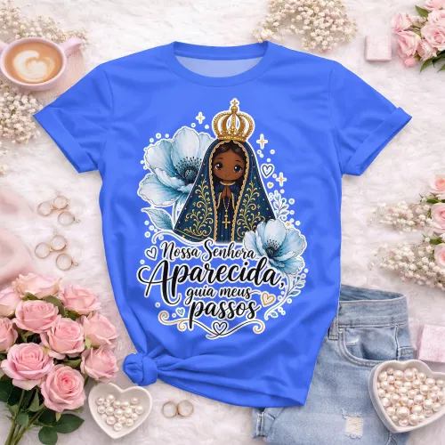 Estampa delicada de Nossa Senhora Aparecida ideal para camisa feminina