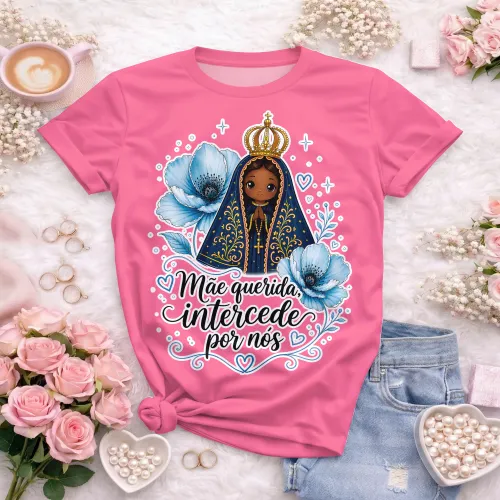Arte camisa católica com Nossa Senhora e frase intercede por nós