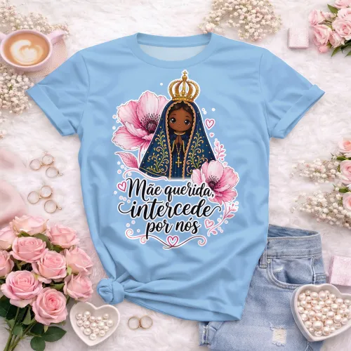Arte camisa Nossa Senhora com mensagem de amor e fé