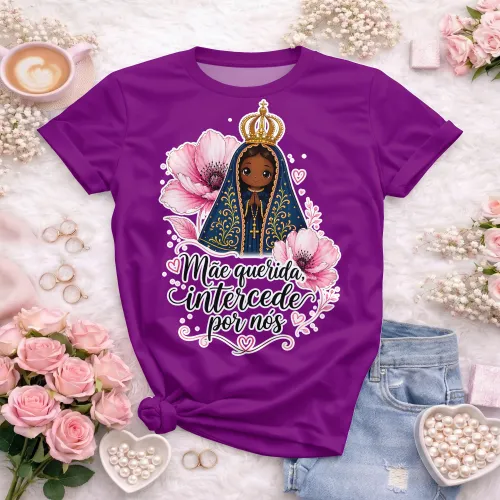 Arte camisa espiritual Nossa Senhora com frase intercede por nós