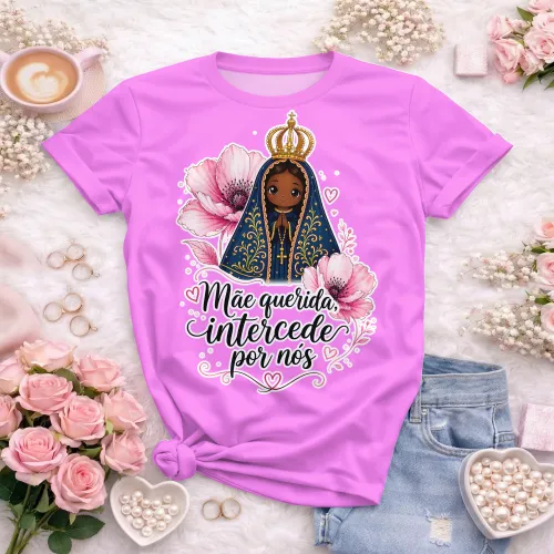 Arte camisa Nossa Senhora com mensagem espiritual e luz