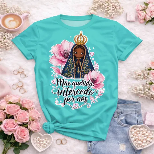 Arte camisa Nossa Senhora com mensagem de esperança e fé