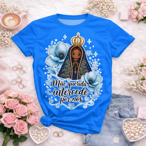 Arte camisa Nossa Senhora com mensagem intercede por nós e estilo espiritual