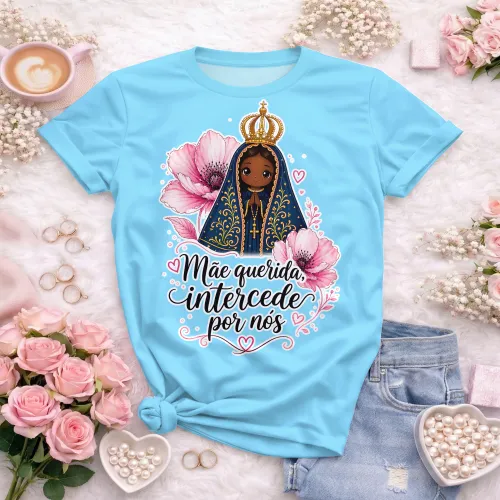 Arte camisa Nossa Senhora com mensagem de proteção espiritual