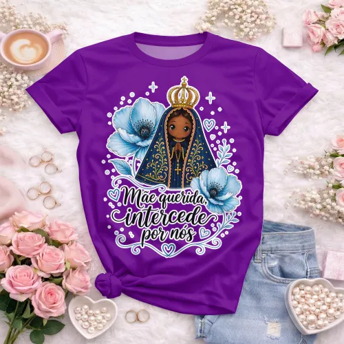 Arte camisa religiosa Nossa Senhora com frase intercede por nós