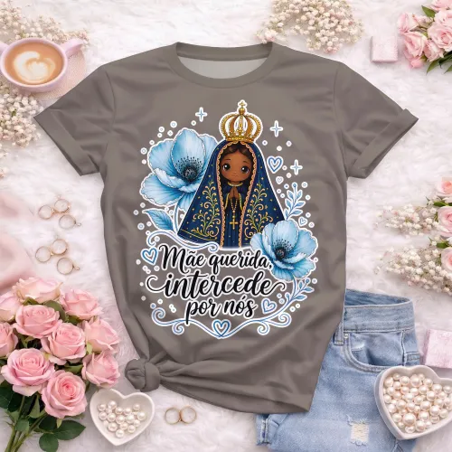 Arte camisa espiritual com Nossa Senhora e mensagem intercede por nós