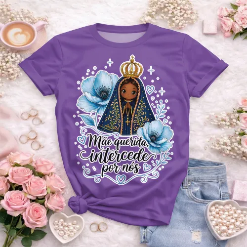 Arte camisa cristã com Nossa Senhora e frase intercede por nós