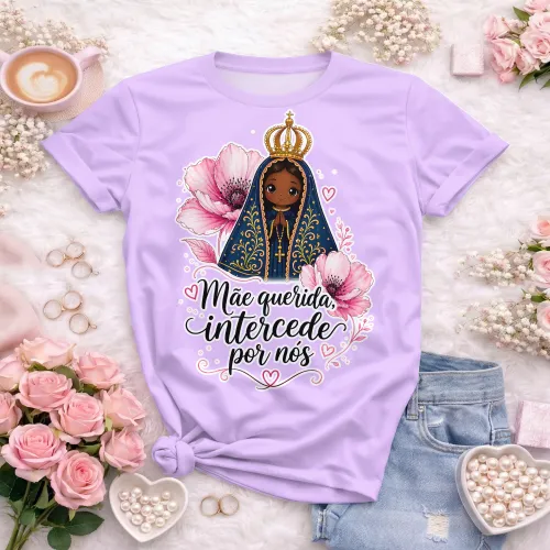 Arte camisa Nossa Senhora com frase mãe bendita e tema religioso