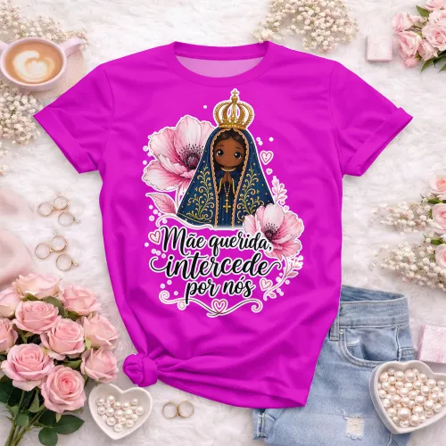 Arte camisa Nossa Senhora com tema celestial e fé