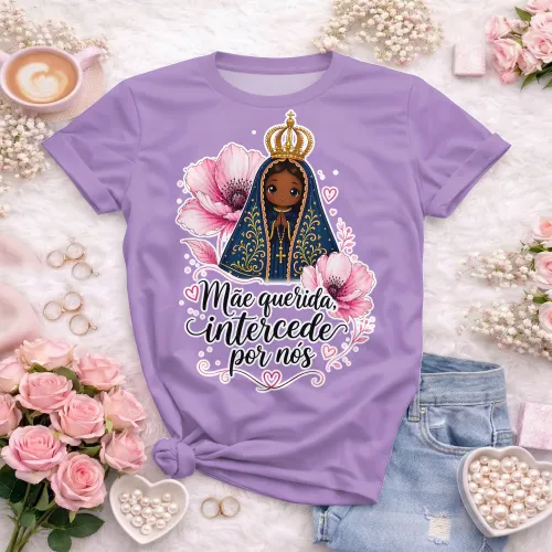Arte camisa Nossa Senhora com tema amor e frase intercede