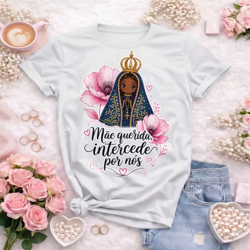 Arte camisa Nossa Senhora com iluminação e fé