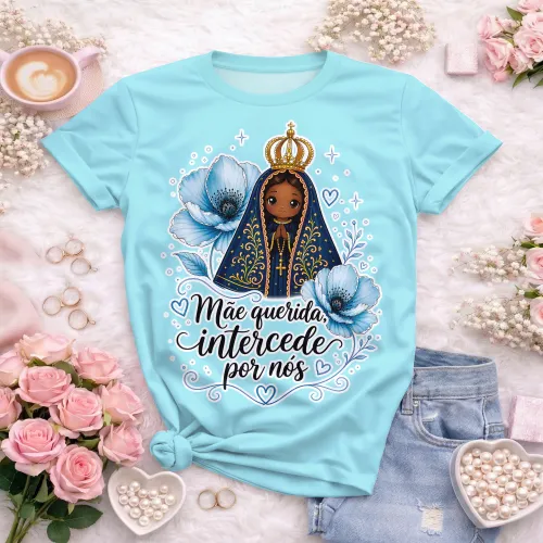 Arte camisa católica com Nossa Senhora e frase mãe querida