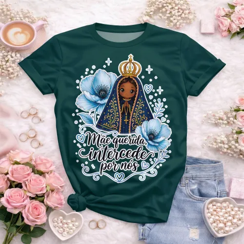 Arte camisa cristã com Nossa Senhora e frase mãe querida