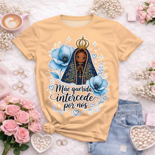 Arte camisa religiosa com Nossa Senhora e frase mãe querida