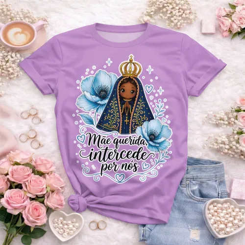 Arte camisa Nossa Senhora com tema devocional e frase mãe querida
