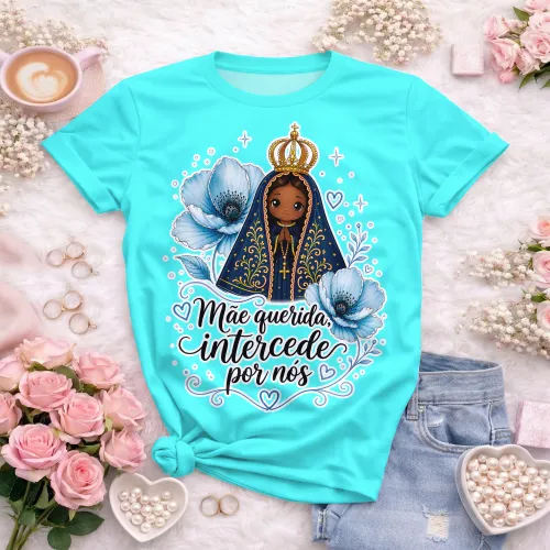 Arte camisa espiritual com Nossa Senhora e frase mãe querida