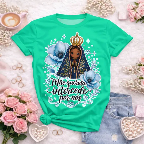 Arte camisa devocional com Nossa Senhora e frase mãe querida