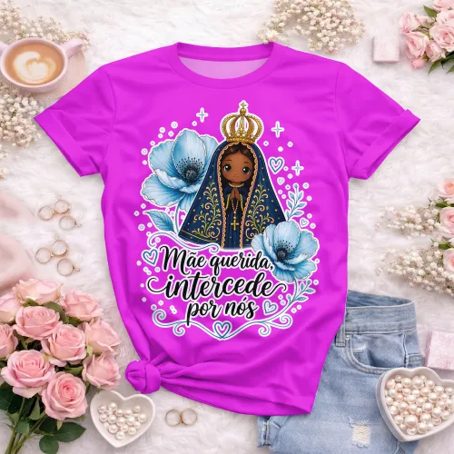 Arte camisa religiosa com Nossa Senhora e frase mãe querida