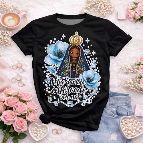 Arte camisa cristã com Nossa Senhora e frase mãe querida