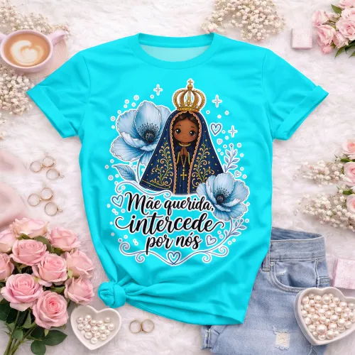 Arte camisa religiosa com Nossa Senhora e frase mãe querida