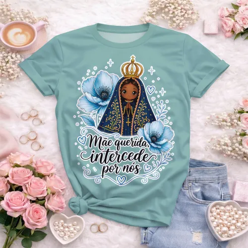 Arte camisa espiritual com Nossa Senhora e frase mãe querida