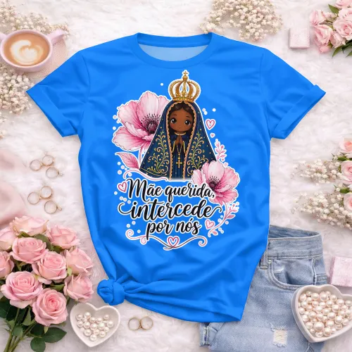 Arte camisa religiosa Nossa Senhora com frase mãe santa