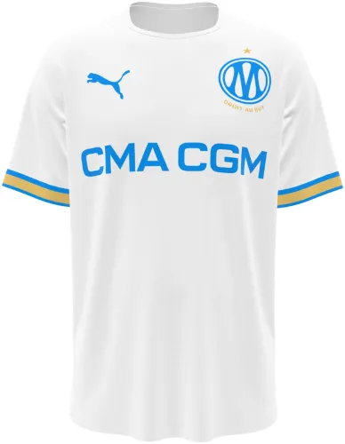 Camisa titular do Olympique de Marselha 2026 - 2027 branca com detalhes azuis e dourados, frente e costas