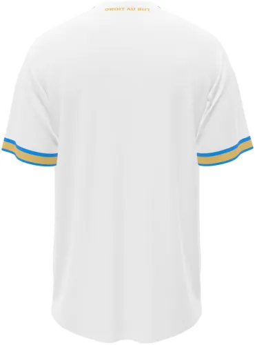 Camisa titular do Olympique de Marselha 2026 - 2027 branca com detalhes azuis e dourados, frente e costas