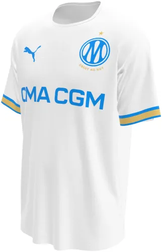 Camisa titular do Olympique de Marselha 2026 - 2027 branca com detalhes azuis e dourados, frente e costas
