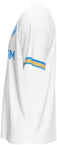 Camisa titular do Olympique de Marselha 2026 - 2027 branca com detalhes azuis e dourados, frente e costas