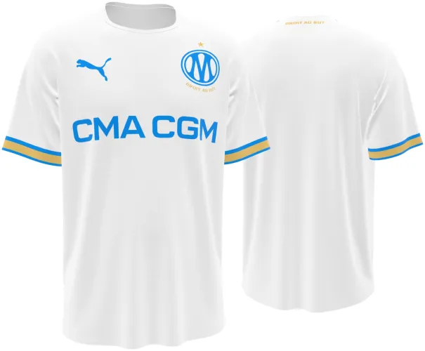 Camisa titular do Olympique de Marselha 2026 - 2027 branca com detalhes azuis e dourados, frente e costas