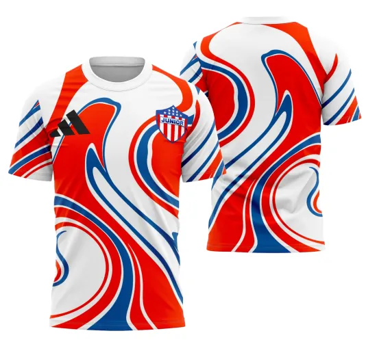 Camisa branca com design em ondas vermelhas e azuis. Na frente escudo com palavra JUNIOR e logo adidas preta. Nas costas mesma estampa ondulada. Mangas com listras azuis e vermelhas.