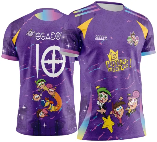 Camisa roxa com os personagens dos Padrinhos Mágicos na frente e fundo com degradê e detalhes amarelos. Nas costas, personagens formando um círculo e o texto branco 'JOGADOR 10'. Manga com toques azul e amarelo, visual vibrante e colorido.