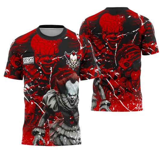 Camisa com estampa de palhaço assustador cinza e vermelho na frente, fundo vermelho e preto, texto JOGADOR e escudo pequeno. Nas costas, palhaço vermelho em destaque com textos INTER CLASSE e número 10 em branco e vermelho.