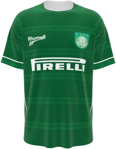 Camisa retrô titular do Palmeiras 2001 verde com faixas horizontais, frente e costas